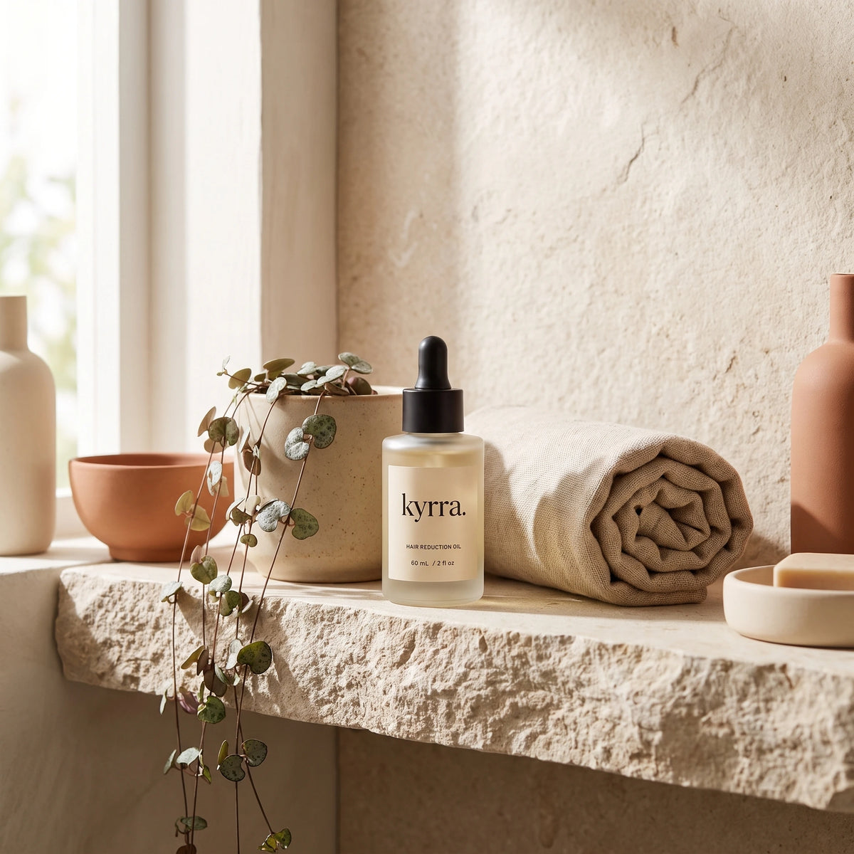 Kyrra oil bottle next to frequently asked questions about hair reduction
